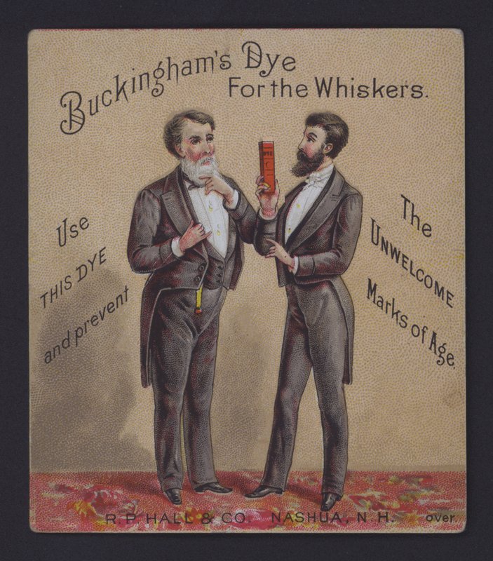 Buckinghams farvestof til mænds knurhår, reklame (chromolitho) af American School
