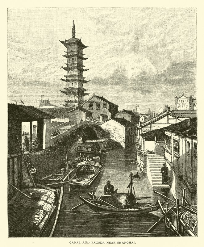 Kanal og Pagoda nær Shanghai af American School