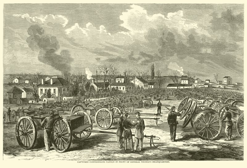 Erobrede konfødererede kanoner foran General Thomass hovedkvarter, november 1863 af American School