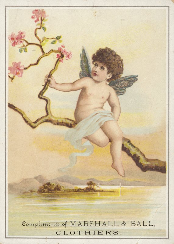 Cherub siddende på en gren over vand af American School