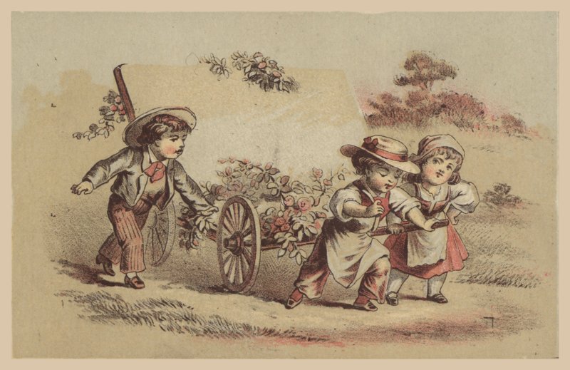 Børn trækker vogn med blomster af American School