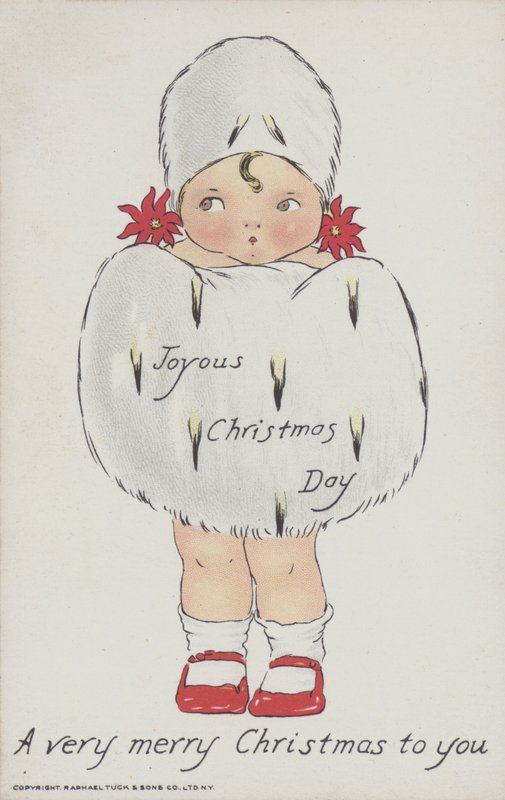 Julekort med billede af et barn med julepels og hue. (chromolitho) af American School