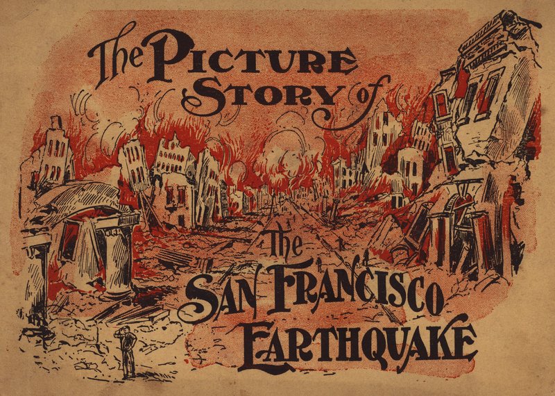 Forsideillustration til The Picture Story of the San Francisco Earthquake (farvelitografi) af American School