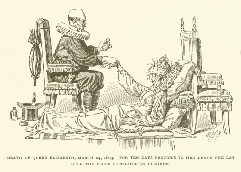 Dronning Elizabeths død, 24. marts 1603, I ti dage før hendes død lå hun på gulvet støttet af puder af American School