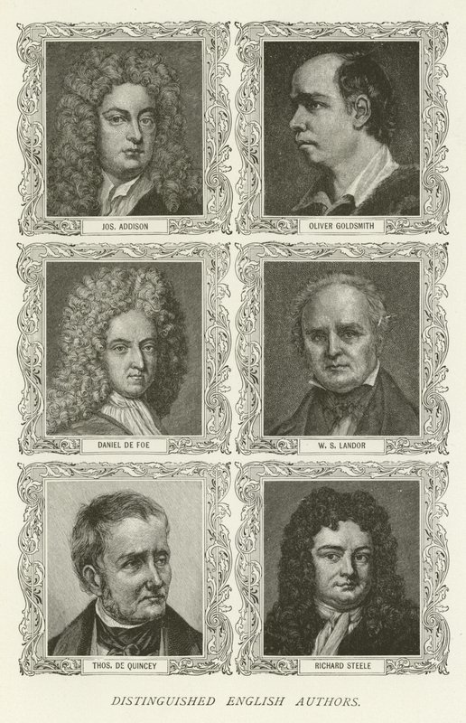 Fornemme engelske forfattere, Joseph Addison, Oliver Goldsmith, Daniel de Foe, WS Landor, Thomas De Quincey, Richard Steele af American School