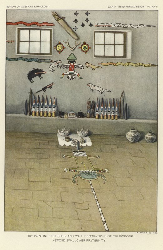 Tørmaleri, feticher og vægdekorationer fra Thlewekwe (sværdslugernes broderskab) (farvelitografi) af American School