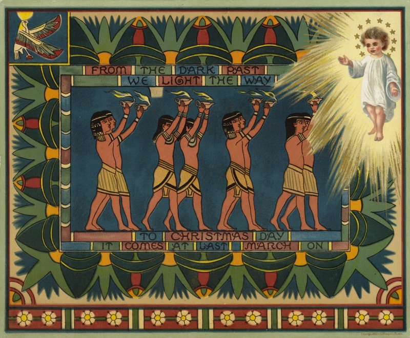 Julekort med egyptisk tema, der viser, hvordan fortiden førte til Jesus Kristus (farvelitografi) af American School