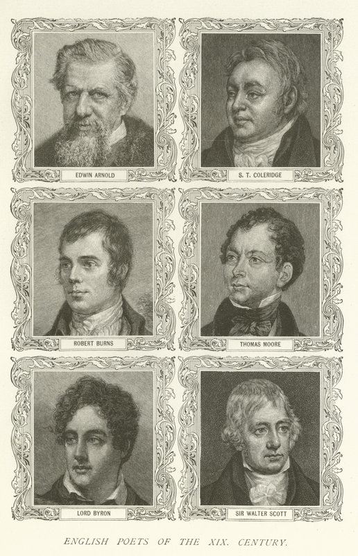 Engelske Poets of the XIX Century, Edwin Arnold, S T Coleridge, Robert Burns, Thomas Moore, Lord Byron, Sir Walter Scott af American School