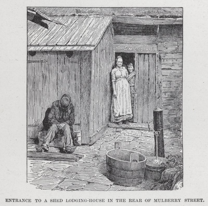 Indgang til et skur-logi-hus bag på Mulberry Street (litho) af American School