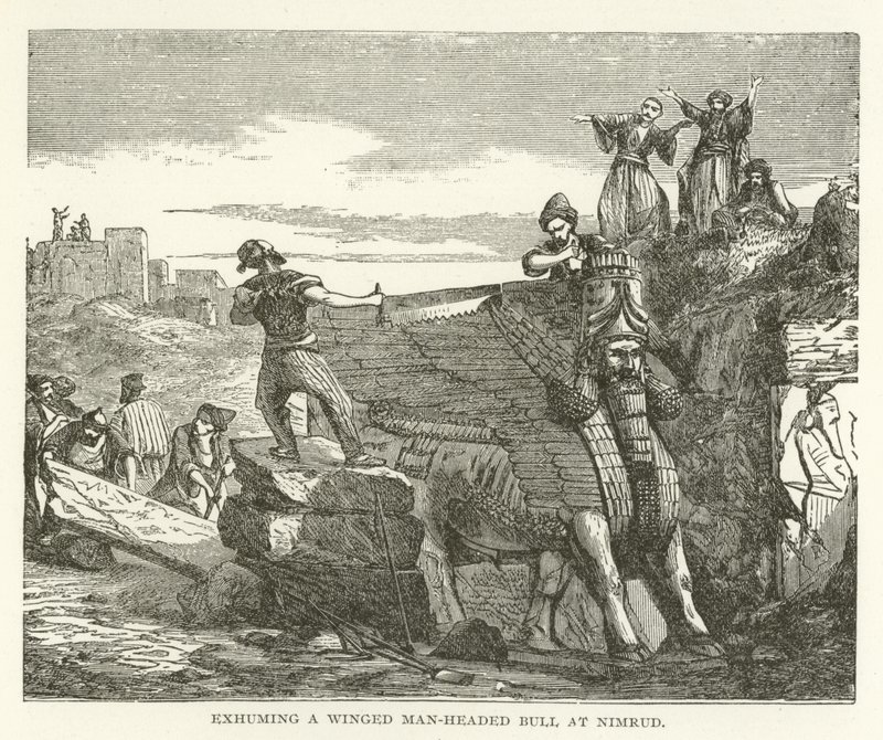 Opgraver en bevinget mand-hoved tyr ved Nimrud af American School