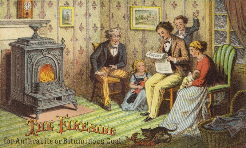 Familiesammenkomst omkring pejsen af American School