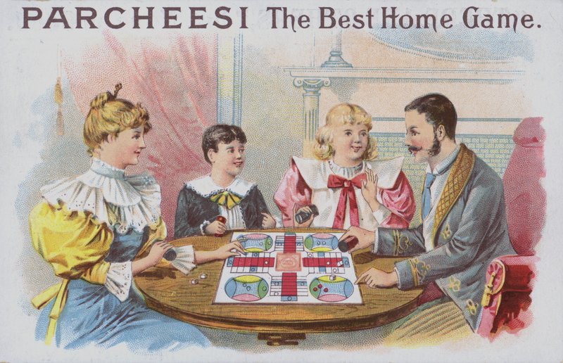 Familie spiller et spil Parcheesi (chromolitho) af American School