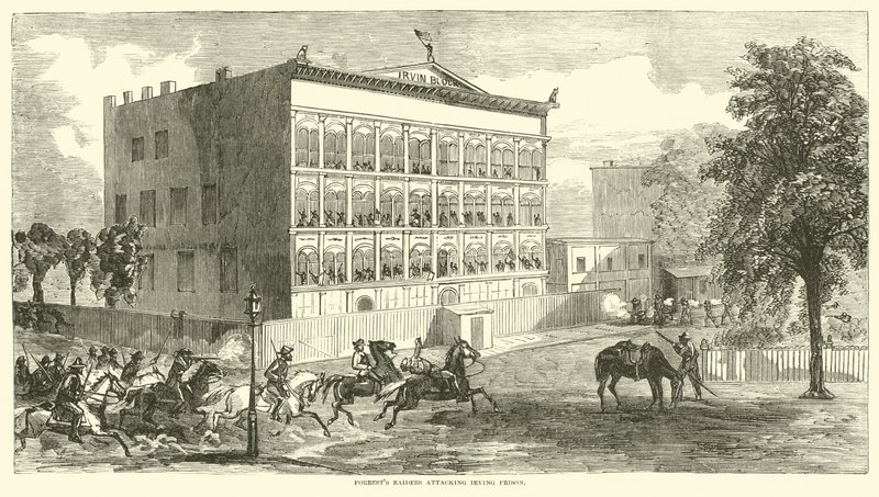 Forrests raiders angriber Irving Prison, august 1864 af American School