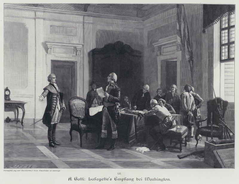 George Washington byder velkommen til Marquis de Lafayette (gravering) af American School