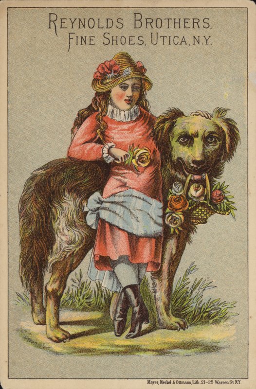 Pige læner sig op ad stor hund med roser. af American School