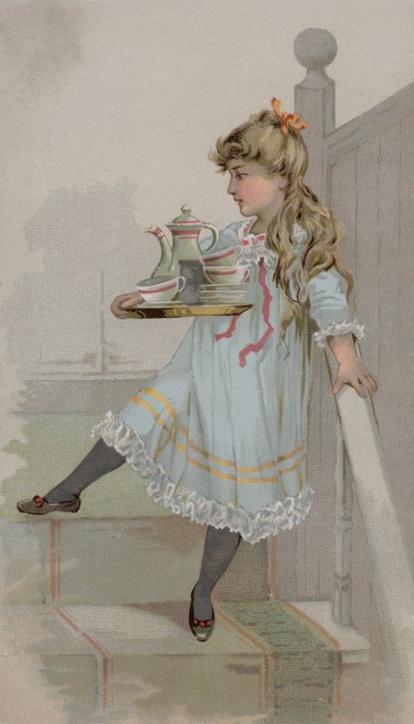 Pige bærer en kande kaffe på en bakke af American School