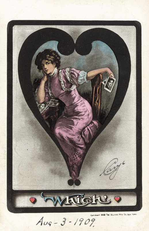 Pige overvejer sine elskeres relative attraktioner (farve litho) af American School