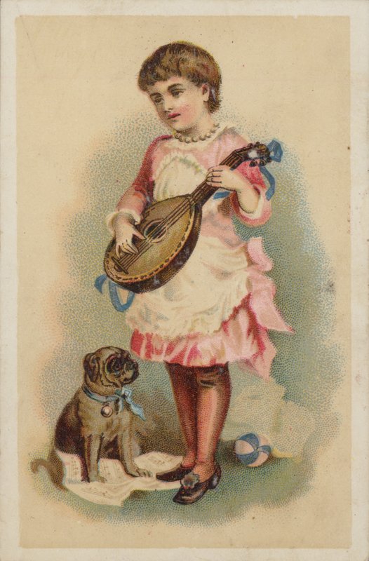 Pige spiller mandolin med en hund af American School
