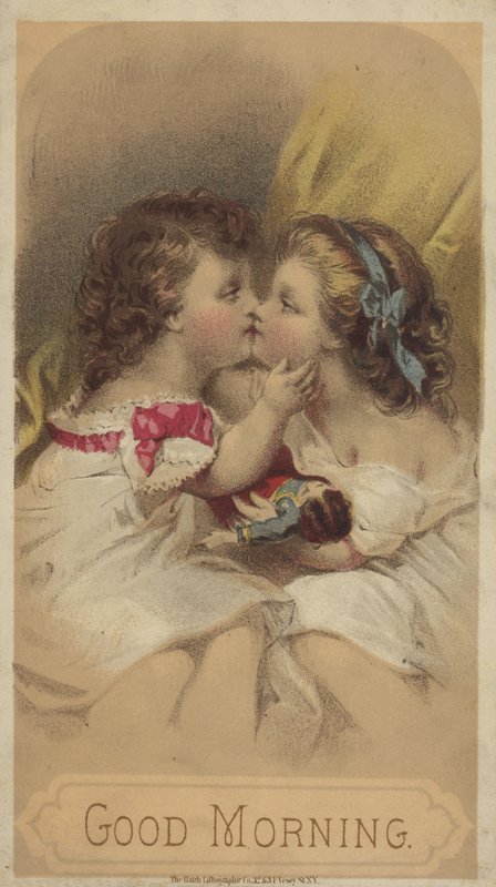 Godmorgen, børn kysser (chromolitho) af American School