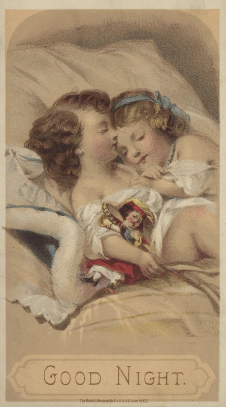 Godnat, børn, der sover i sengen (chromolitho) af American School
