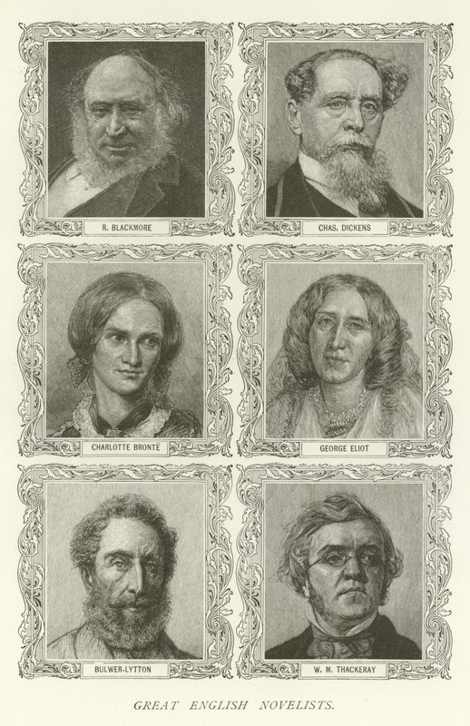 Store engelske romanforfattere, R Blackmore, Charles Dickens, Charlotte Bronte, George Eliot, Bulwer-Lytton, WM Thackeray af American School