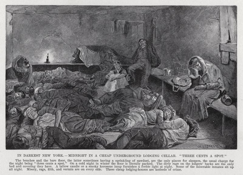I mørkeste New York, midnat i en billig underjordisk logikælder, "three cents a spot" (litho) af American School