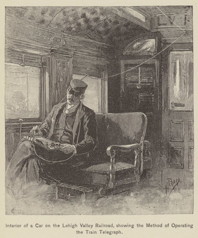 Interiør af en bil på Lehigh Valley Railroad, der viser metoden til at betjene togtelegrafen (gravering) af American School