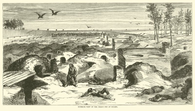 Indvendigt billede af Prison Pen ved Millen, november 1864 af American School