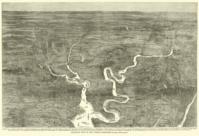 Isometrisk visning af Virginia-kampagnen, Looking Westward, juni 1864 af American School