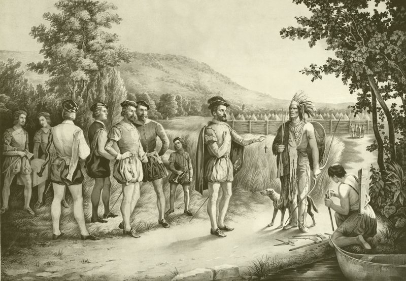 Jacques Cartier, hans første interview med indianerne ved Hochelaga nu Montreal i 1535, ca. 1850 af American School