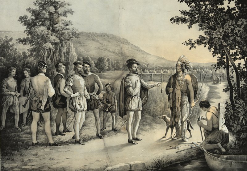 Jacques Cartier, hans første interview med indianerne ved Hochelaga nu Montreal i 1535, ca. 1850 af American School