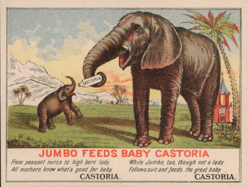 Jumbo fodrer baby Castoria, reklame for Fletchers Castoria-medicin, med P T Barnums berømte cirkuselefant af American School
