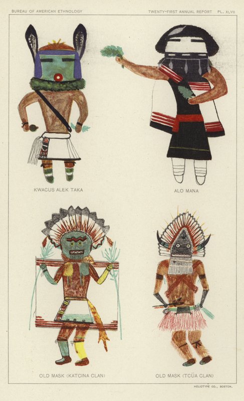 Kwacus Alek Taka, Alo Mana, gammel maske (Katcina-klanen), gammel maske (Tcua-klanen) (farvelitografi) af American School