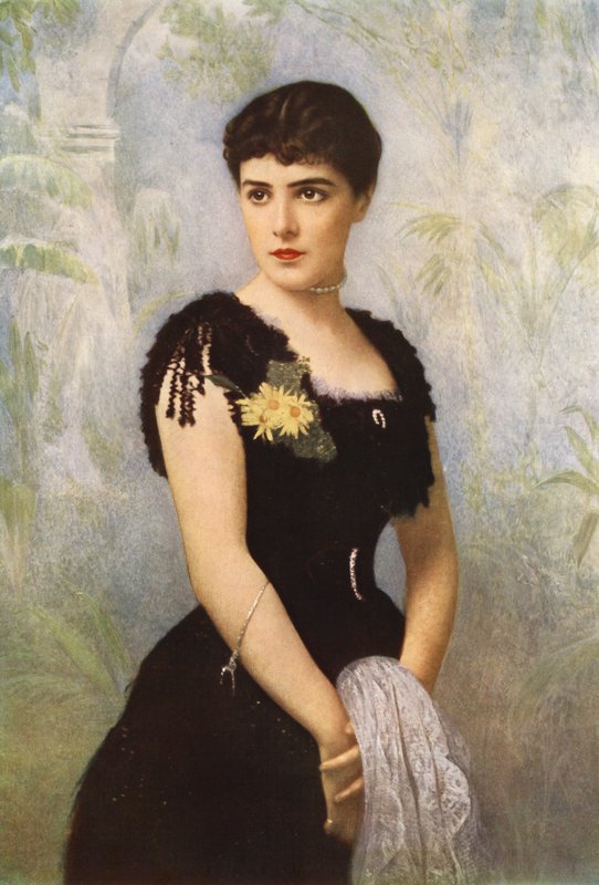 Lady Randolph Spencer-Churchill, født Miss Jennie Jerome fra New York, der giftede sig med Lord Randolph Spencer-Churchill (farve litho) af American School