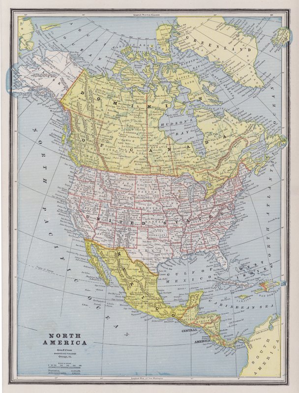 Kort over Nordamerika (farvet gravering) af American School