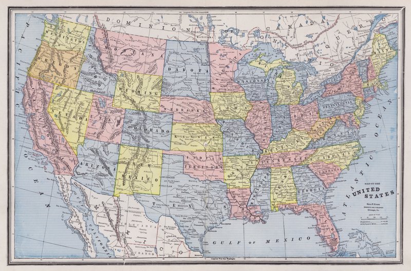 Kort over USA (farvet gravering) af American School