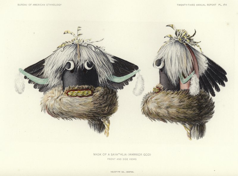 Maske af A Sayathlia (krigergud) - set forfra og fra siden (farvelitografi) af American School