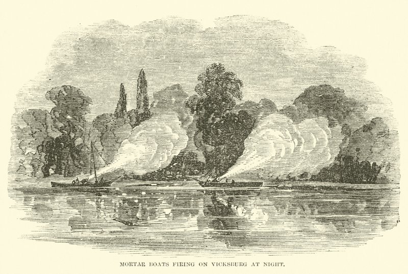 Morterbåde skyder på Vicksburg om natten, juli 1862 af American School