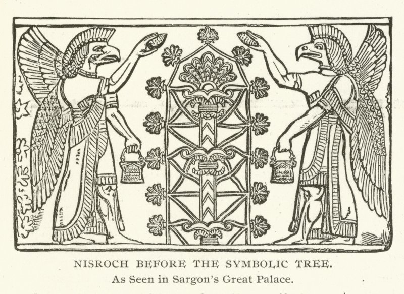 Nisroch før det symbolske træ, som det ses i Sargons Store Palads af American School