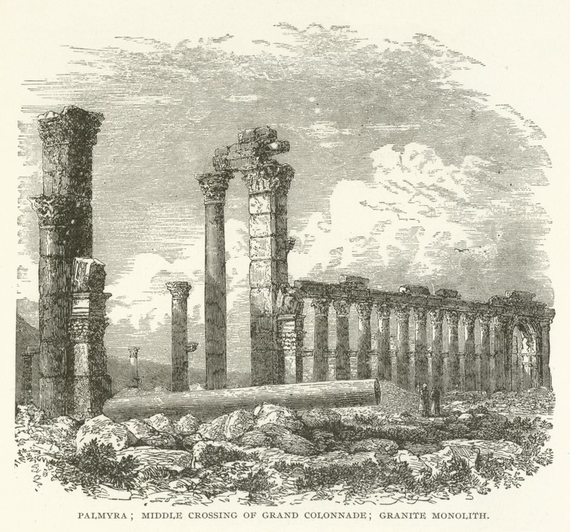Palmyra; midterste krydsning af Grand Colonnade; Granit monolit af American School