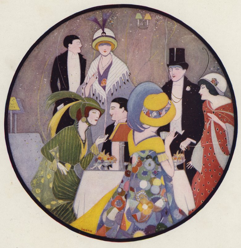 Folk hygger sig efter et skuespil, en scene fra novellen After The Play af J. A. Waldron (farvelitografi) af American School