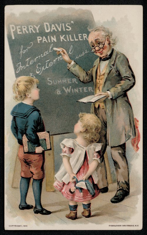 Perry Davis smertestillende middel, reklame fra midten af det 19. århundrede (chromolitho) af American School