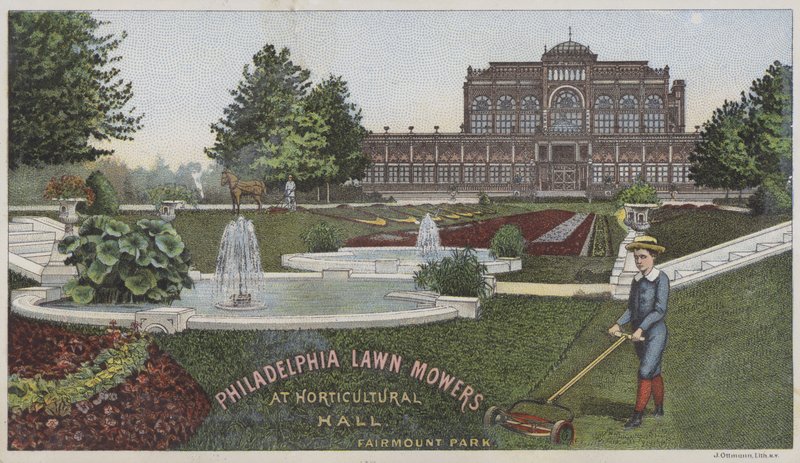 Philadelphia plæneklippere i havebrugshallen (chromolitho) af American School