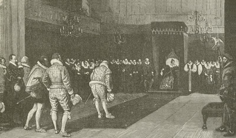 Dronning Elizabeth modtager de franske ambassadører efter St Bartholomew Massacre, fra maleriet af Wm F Yeames af American School