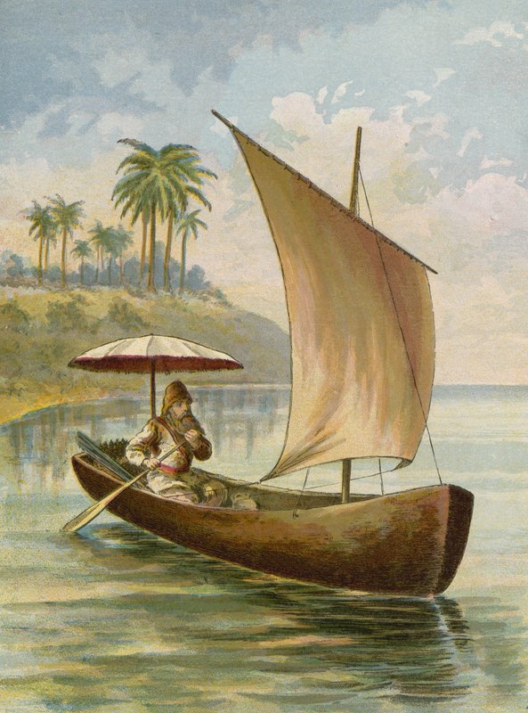 Robinson Crusoe sailing in his boat  af American School