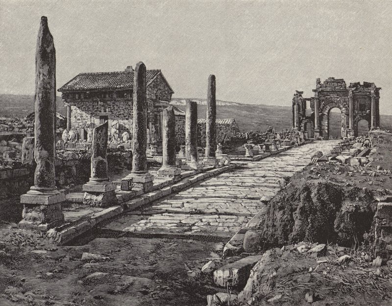 Ruinerne af den romersk-berberiske by Timgad (gamle Thamugas), Algeriet (gravering) af American School