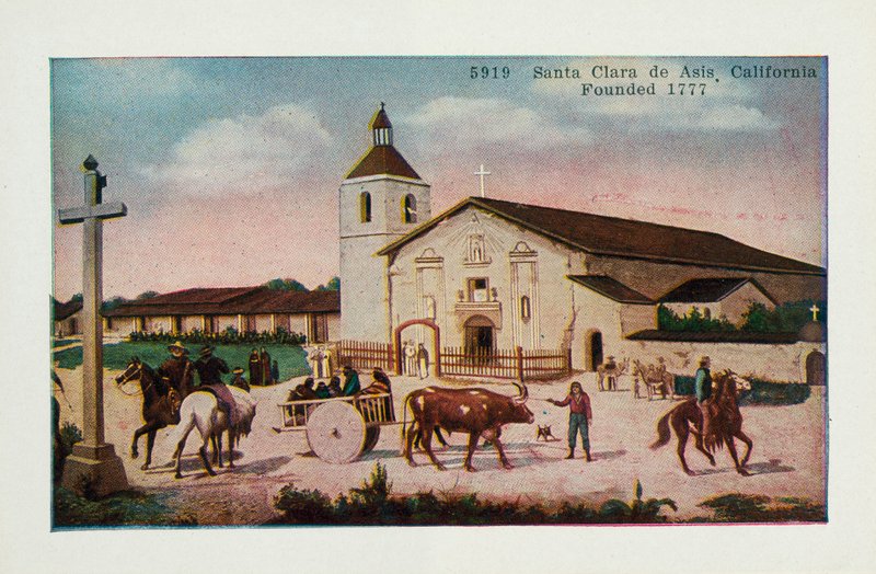 Santa Clara de Asis, Californien, grundlagt 1777 (farve litho) af American School