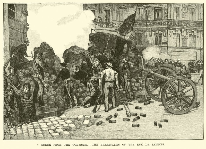 Scene fra kommunen, barrikaderne i Rue de Rennes af American School