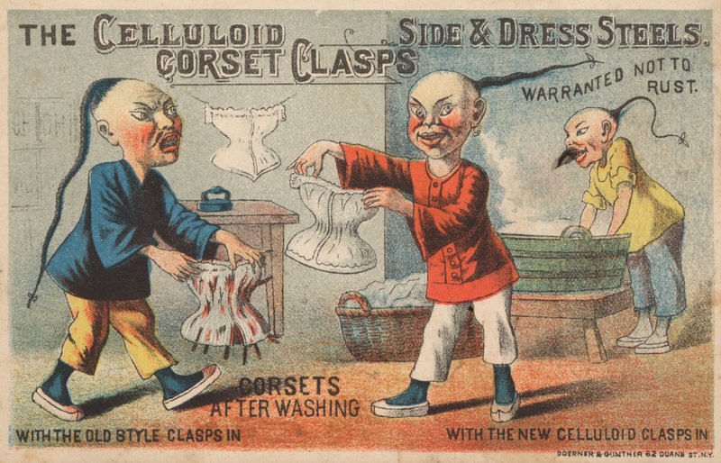 Scene i et kinesisk vaskeri, reklame for celluloid-korsetspænder af American School