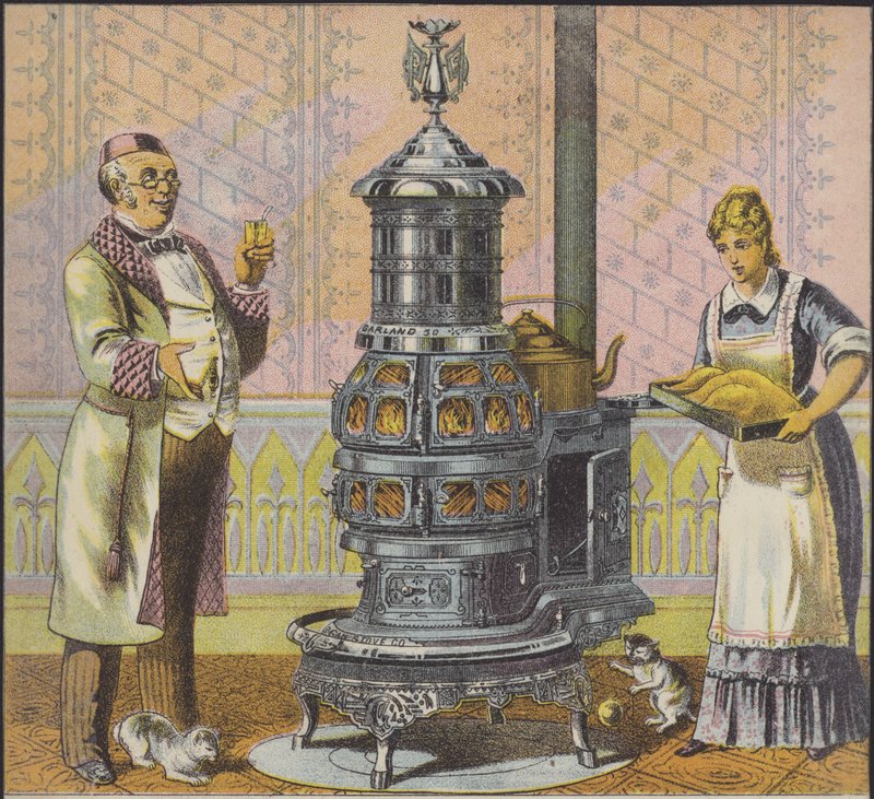 Tjener sætter kalkun i et stort komfur, mens husets herre ser på (chromolitho) af American School